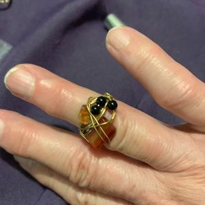 Fire opal and jet wire Wrapped ring